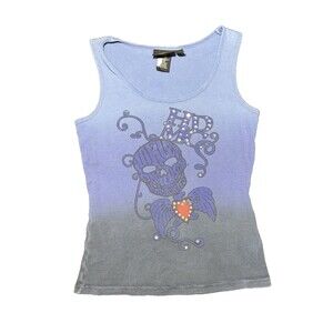 Y2K Harley Davidson Skull Wings Rhinestone Tank Top Black Ribbed Biker M